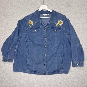 Quacker Factory Denim Embroidered Sunflowers Button Jean Jacket Rhinestone Sz 3X